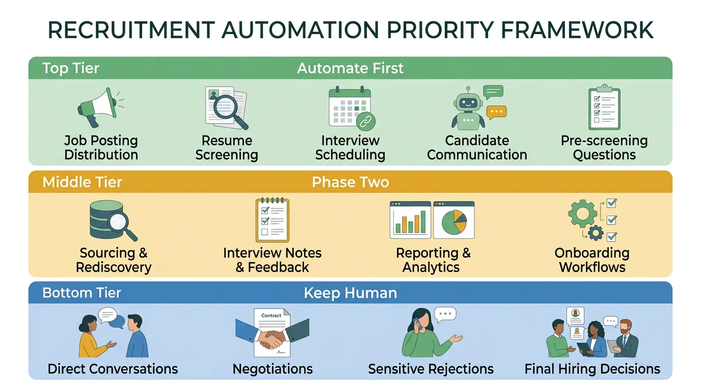 Recruitment automation priority framework showing three tiers: automate first tasks like job posting and resume screening, phase two tasks like sourcing and reporting, and keep human tasks like direct conversations and negotiations