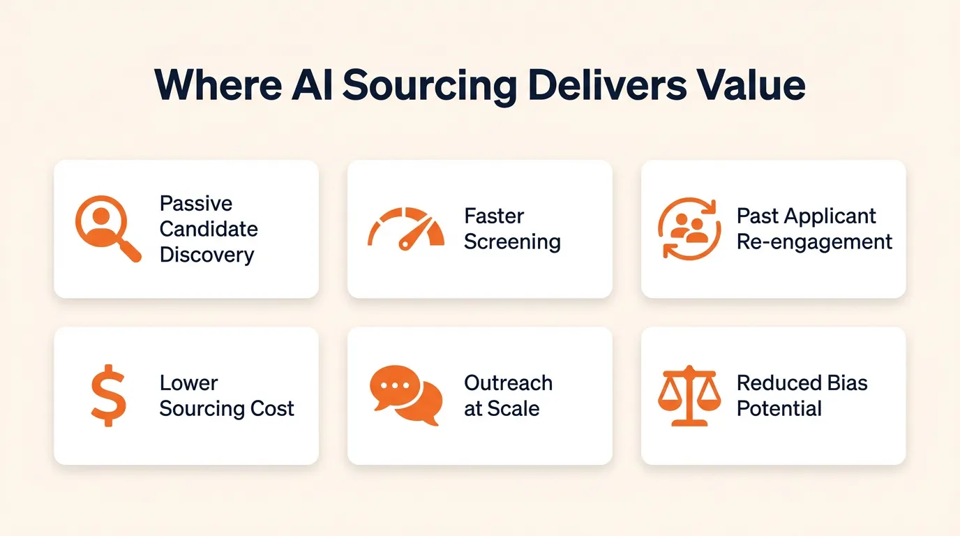 Six-card framework showing where AI sourcing delivers value: passive candidate discovery, faster screening, past applicant re-engagement, lower sourcing cost, outreach at scale, and reduced bias potential