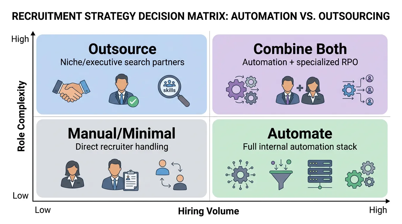 Decision matrix for recruitment strategy showing four quadrants based on role complexity and hiring volume: outsource for niche roles, automate for high-volume standard roles, combine both for complex high-volume hiring, manual handling for low-volume simple roles