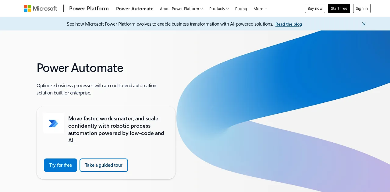 Microsoft Power Automate homepage