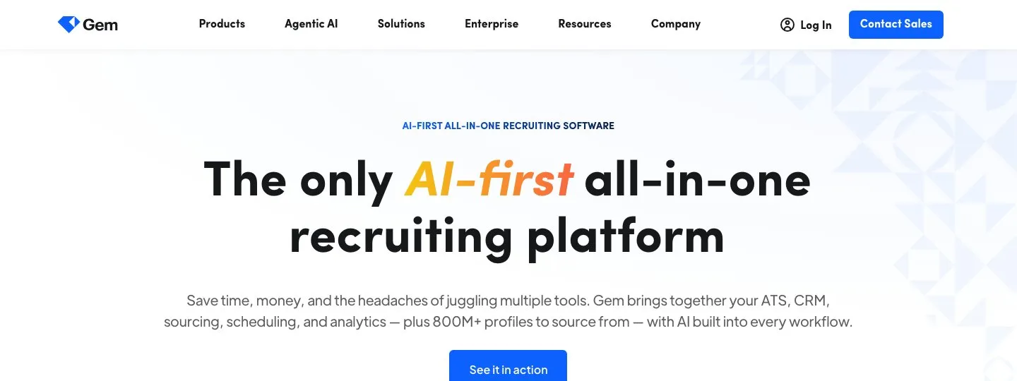 Gem homepage showing its all-in-one recruiting CRM and outreach platform