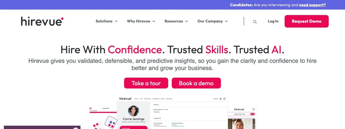 HireVue homepage showing its enterprise hiring suite with AI interviews and assessments